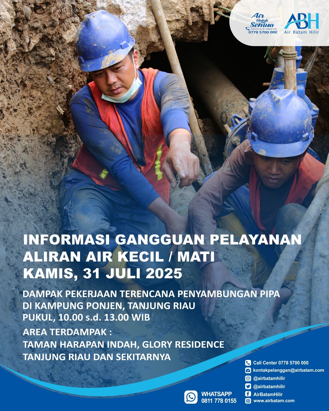 Air Batam Hilir menginformasikan, pelaksanaan pekerjaan Penyambungan Pipa HDPE 225mm – DCIP 200mm di Kampung Ponjen, Tanjung Riau