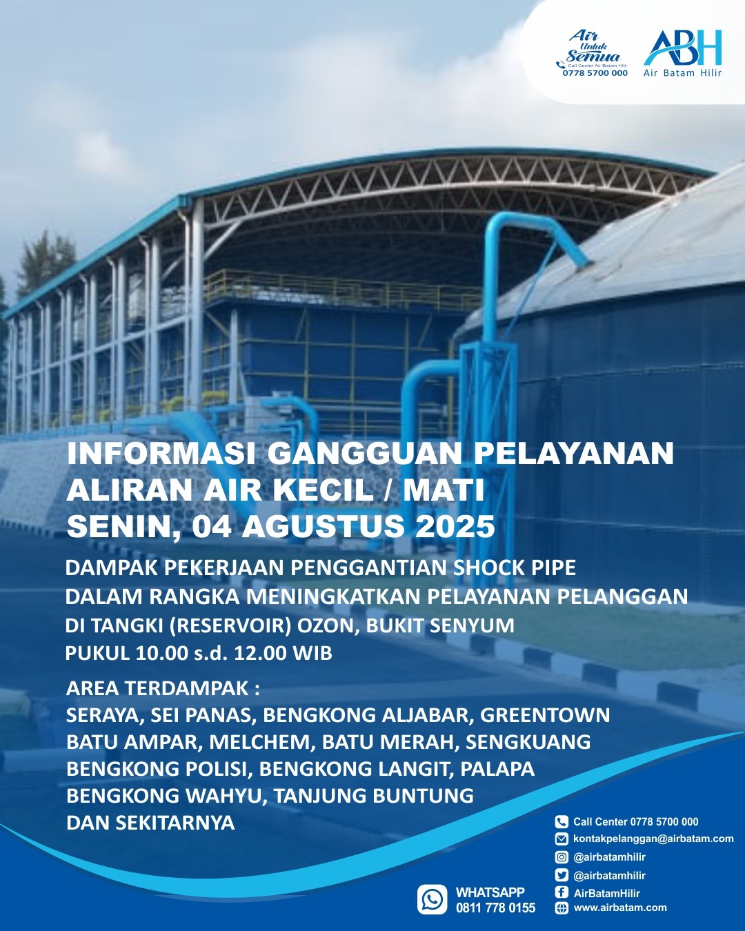Penggantian Shock Pipe di Tangki (Reservoir) Ozon, Bukit Senyum yang bertujuan untuk meningkatkan pelayanan pelanggan