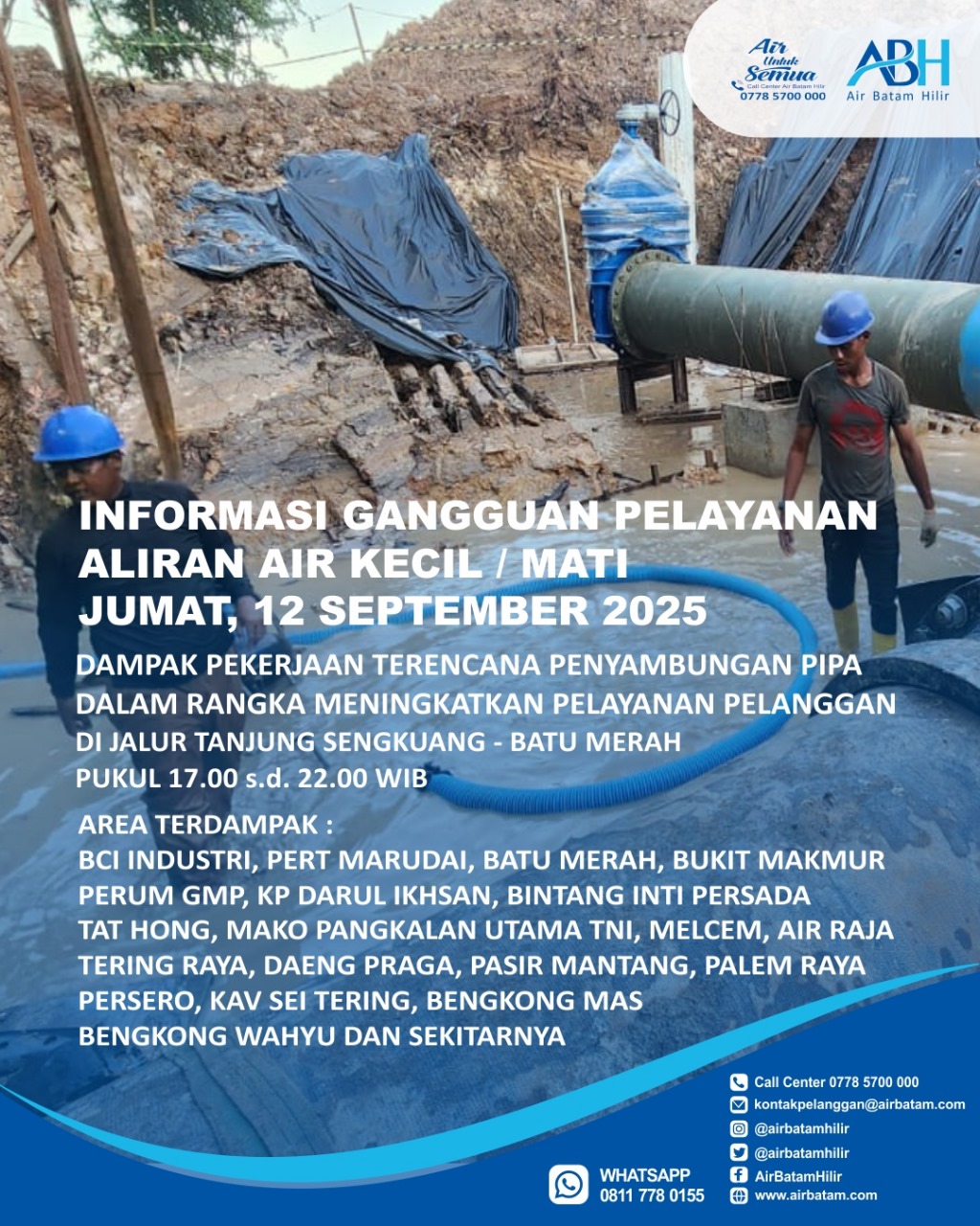 Selama pekerjaan ini, akan berdampak pada gangguan pelayanan suplai air minum berupa air kecil dan air terhenti untuk sementara waktu.