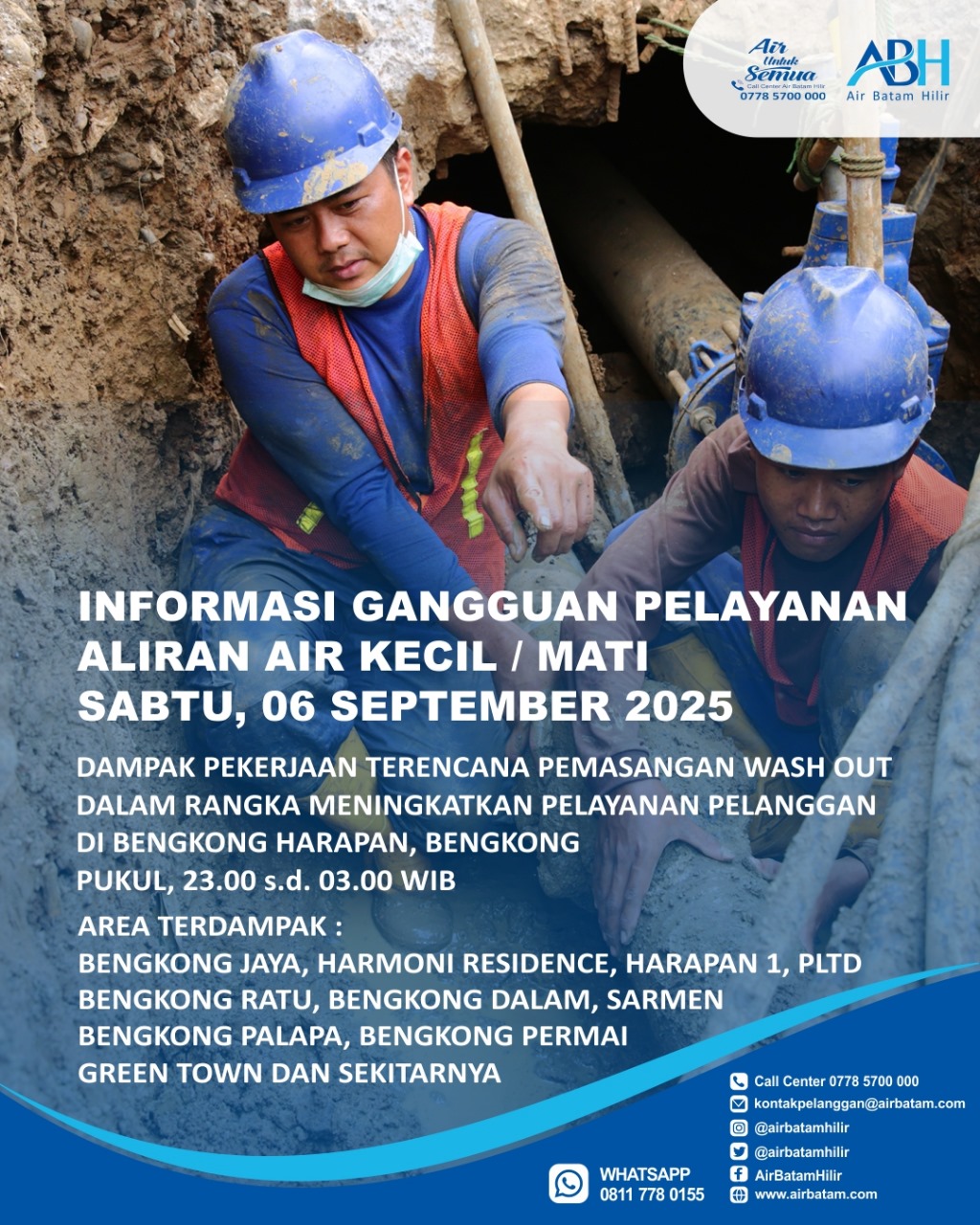 Air Batam Hilir menginformasikan, pelaksanaan pekerjaan terencana Pemasangan Wash Out 160mm dan Flushing Pipa DCIP 200mm di Bengkong Harapan, Bengkong