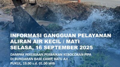 Air Batam Hilir menginformasikan, pelaksanaan perbaikan kebocoran Pipa Steel 600mm di Simpang Base Camp, Batu Aji