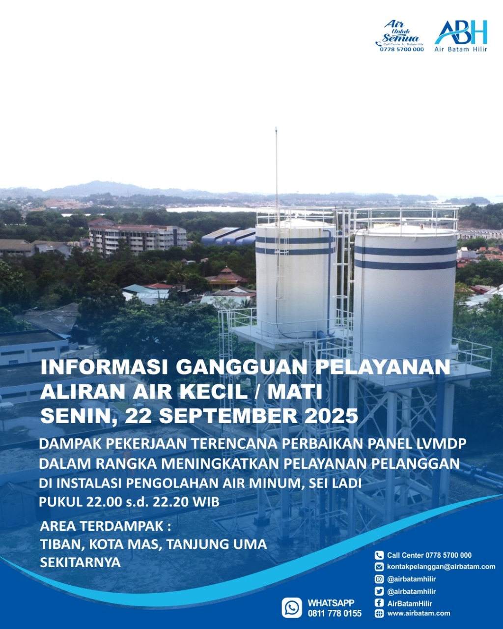 Selama pekerjaan ini, akan berdampak pada gangguan pelayanan suplai air minum berupa air kecil dan air terhenti untuk sementara waktu.