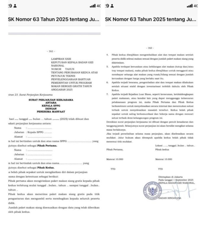 Kolase. Surat perjanjian antara SPPG dengan pihak sekolah yang telah direvisi. Foto: Istimewa