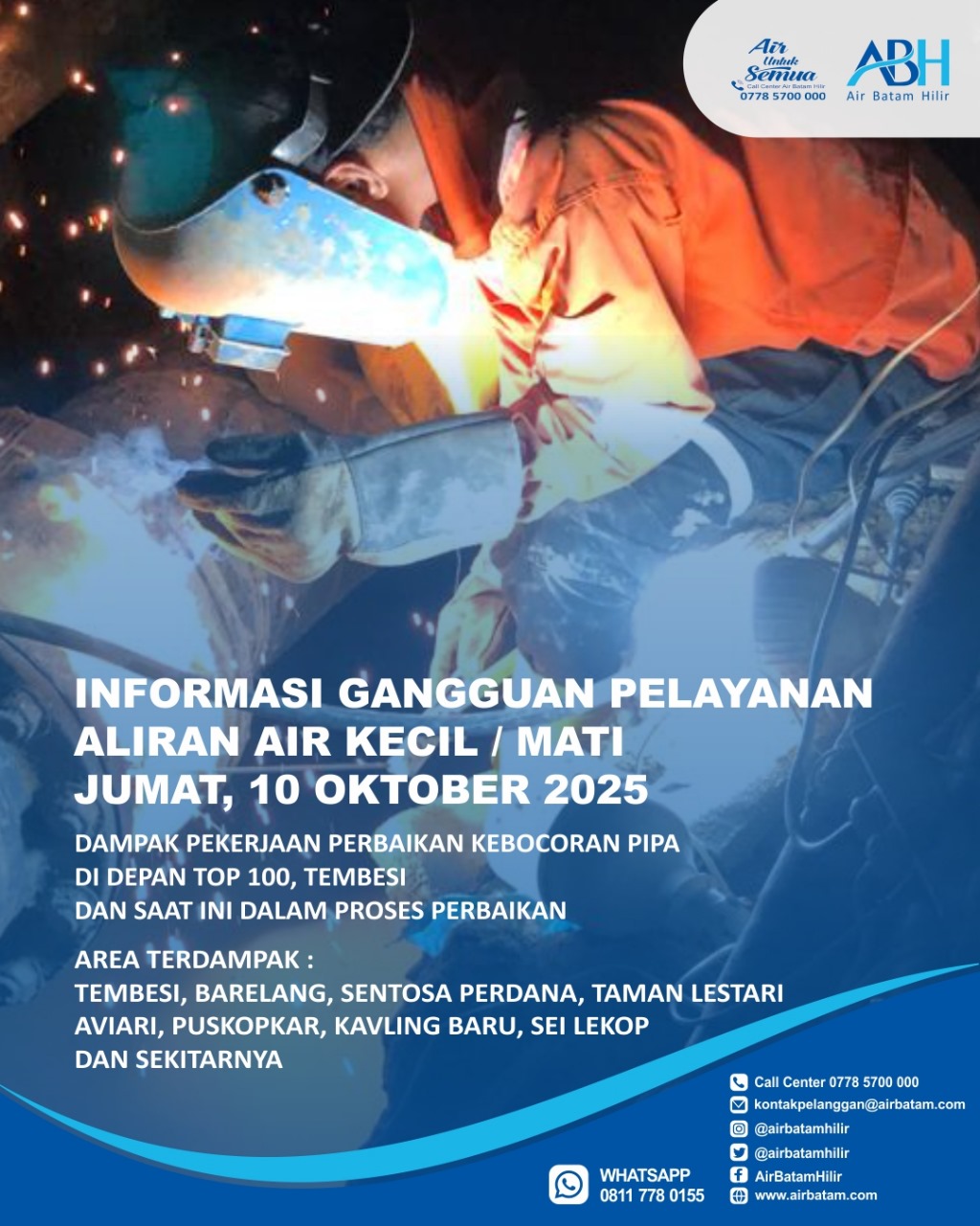Selama pekerjaan ini, akan berdampak pada gangguan pelayanan suplai air minum berupa air kecil dan air terhenti untuk sementara waktu.