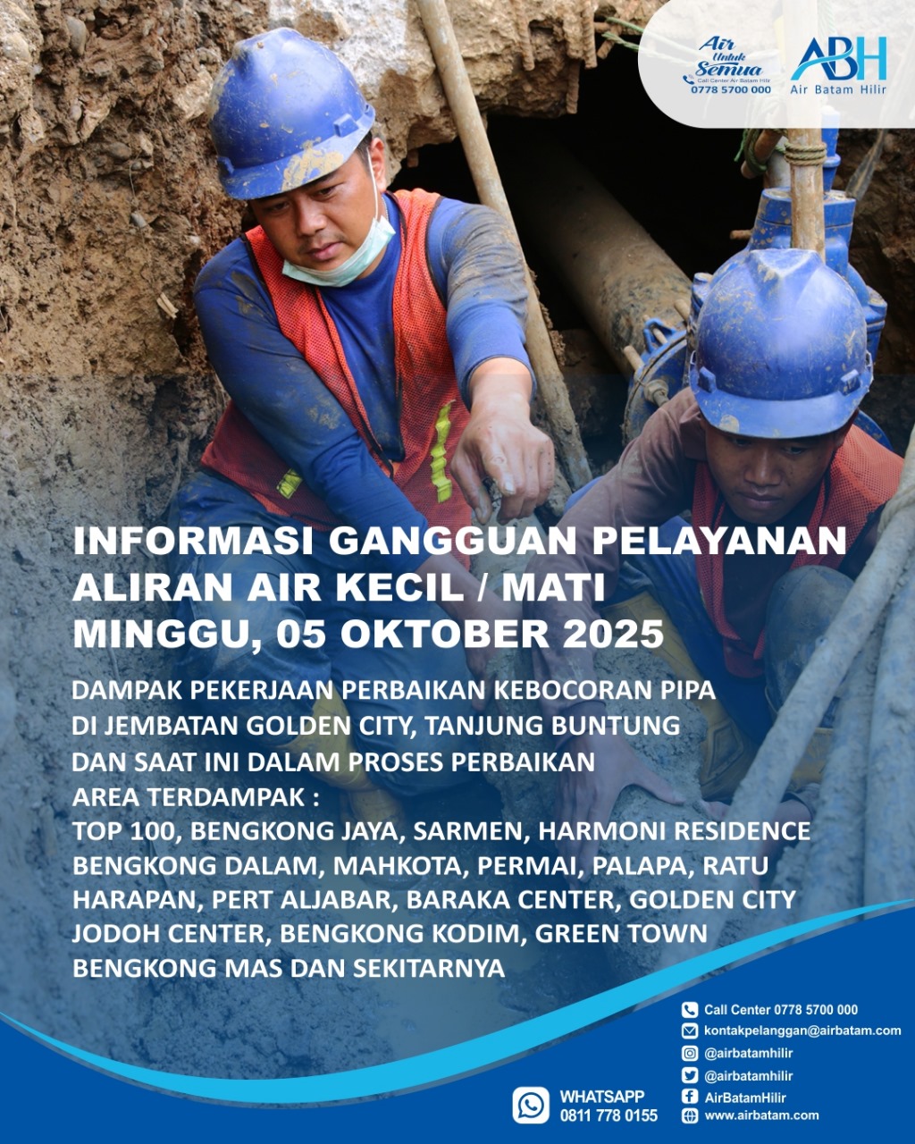 Air Batam Hilir menginformasikan, pelaksanaan perbaikan kebocoran Pipa 150mm di Jembatan Golden City, Tanjung Buntung dan saat ini dalam proses perbaikan.