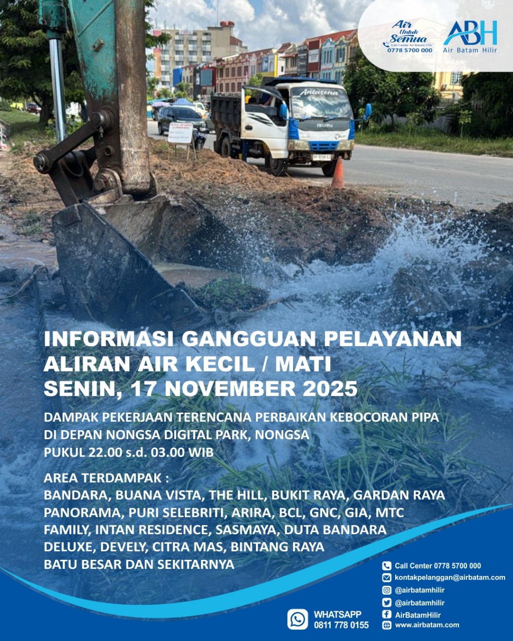 Selama pekerjaan ini, akan berdampak pada gangguan pelayanan suplai air minum berupa air kecil dan air terhenti untuk sementara waktu.