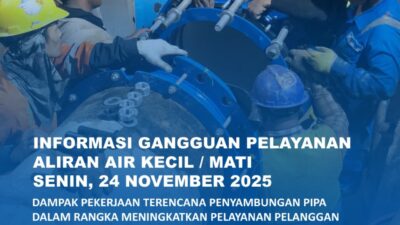 Selama pekerjaan ini, akan berdampak pada gangguan pelayanan suplai air minum berupa air kecil dan air terhenti untuk sementara waktu.
