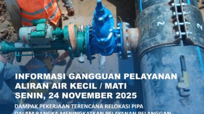 Selama pekerjaan ini, akan berdampak pada gangguan pelayanan suplai air minum berupa air kecil dan air terhenti untuk sementara waktu.