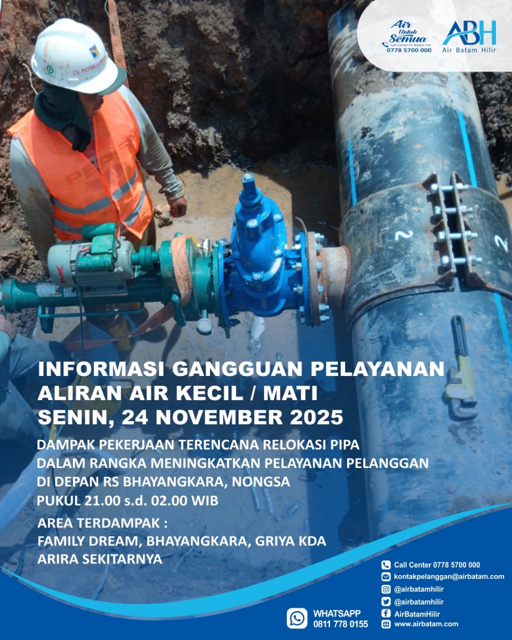 Selama pekerjaan ini, akan berdampak pada gangguan pelayanan suplai air minum berupa air kecil dan air terhenti untuk sementara waktu.