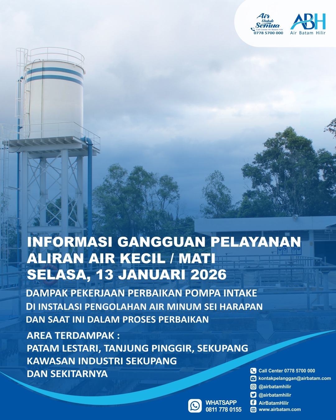 Selama pekerjaan ini, akan berdampak pada gangguan pelayanan suplai air minum berupa air kecil dan air terhenti untuk sementara waktu.