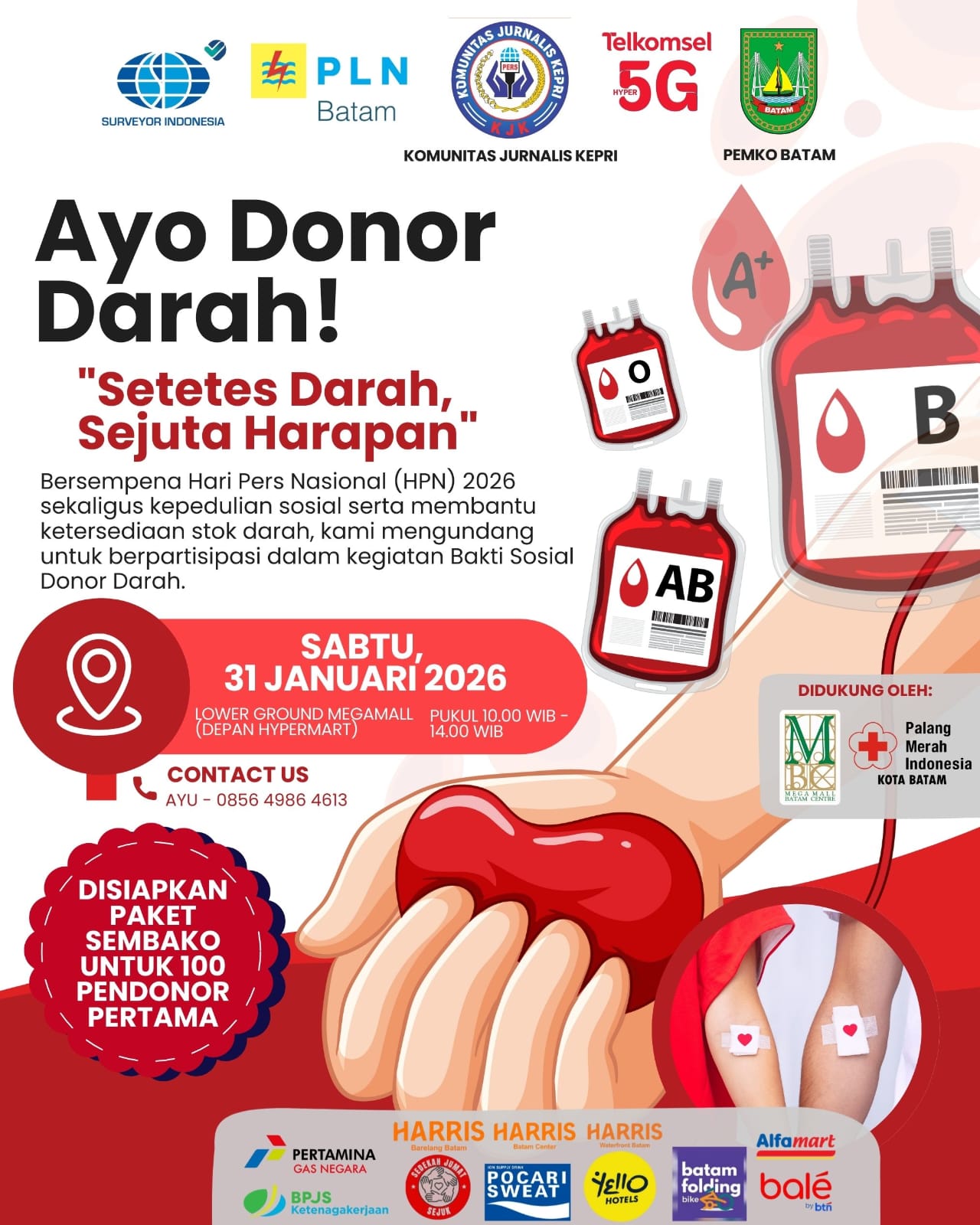 Kegiatan kemanusiaan bertajuk “Setetes Darah, Sejuta Harapan” ini akan digelar pada Sabtu, 31 Januari 2026, di Lower Ground (LG) Mega Mall Batam Center.