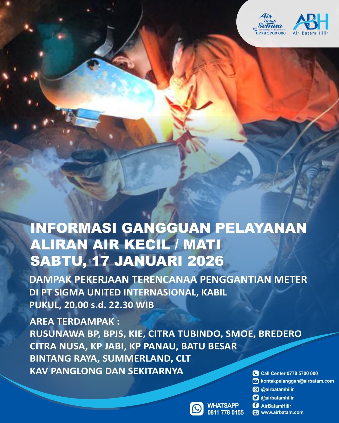 Selama pekerjaan ini, akan berdampak pada gangguan pelayanan suplai air minum berupa air kecil dan air terhenti untuk sementara waktu.