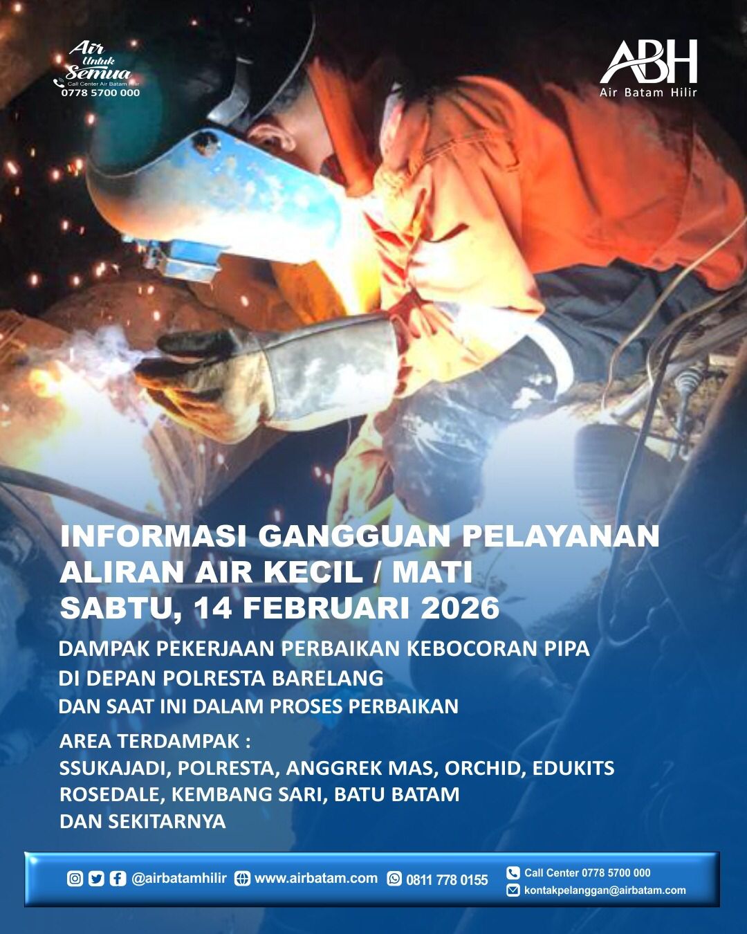 Selama pekerjaan ini, akan berdampak pada gangguan pelayanan suplai air minum berupa air kecil dan air terhenti untuk sementara waktu