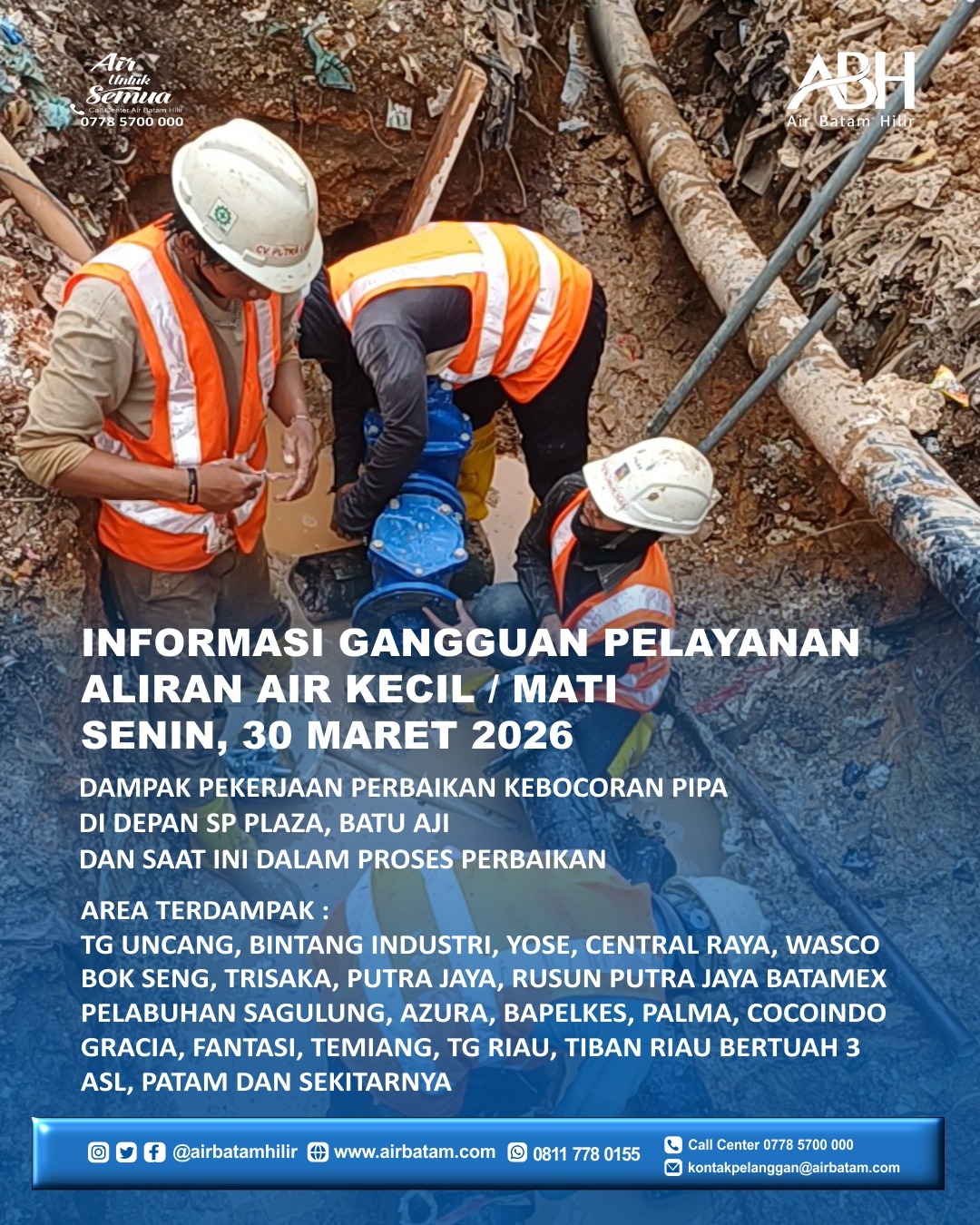 Selama pekerjaan ini, akan berdampak pada gangguan pelayanan suplai air minum berupa air kecil dan air terhenti untuk sementara waktu.