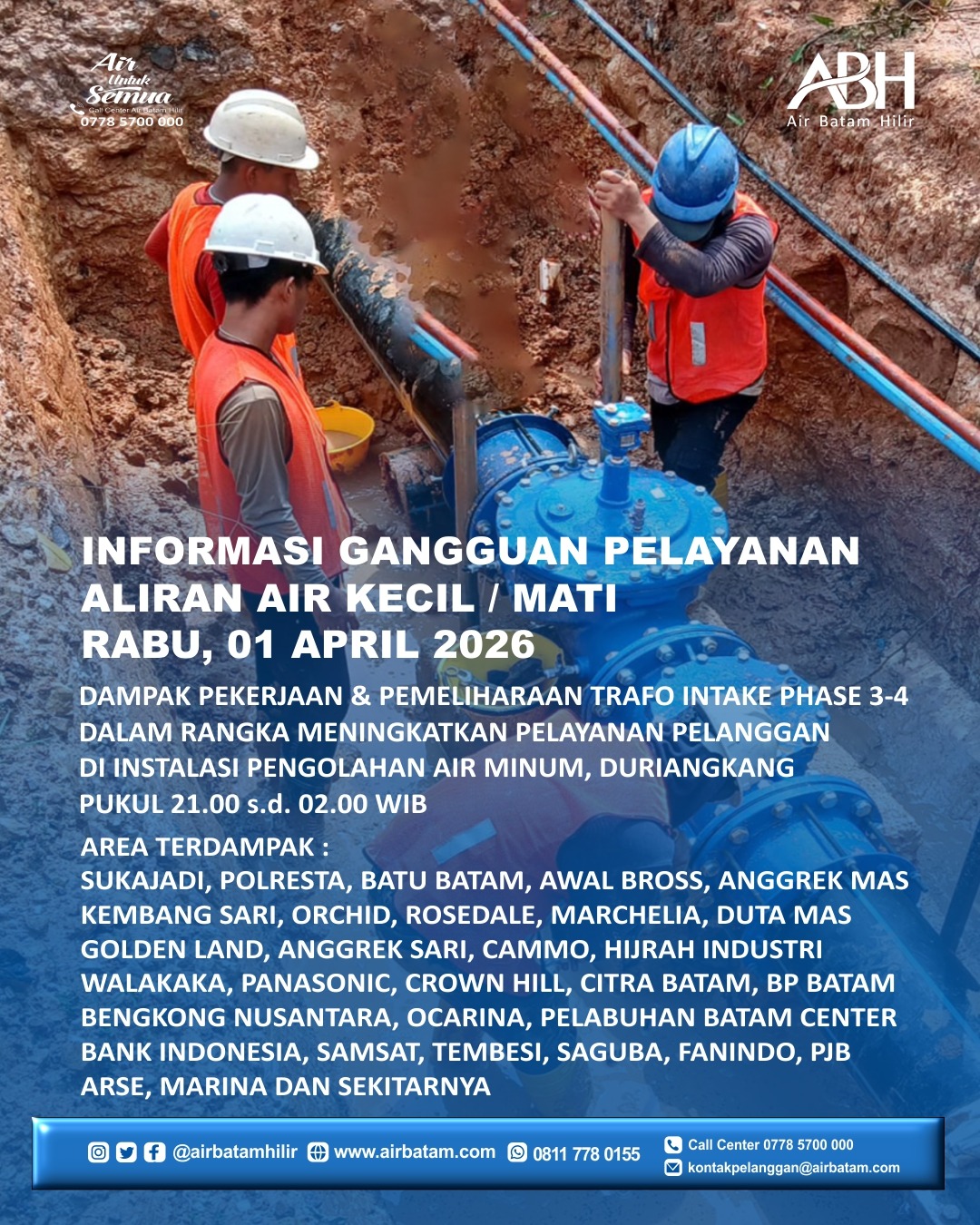 Air Batam Hilir menginformasikan, pelaksanaan Pekerjaan dan Pemeliharaan Trafo Intake Phase 3-4 di Instalasi Pengolahan Air Minum Duriangkang